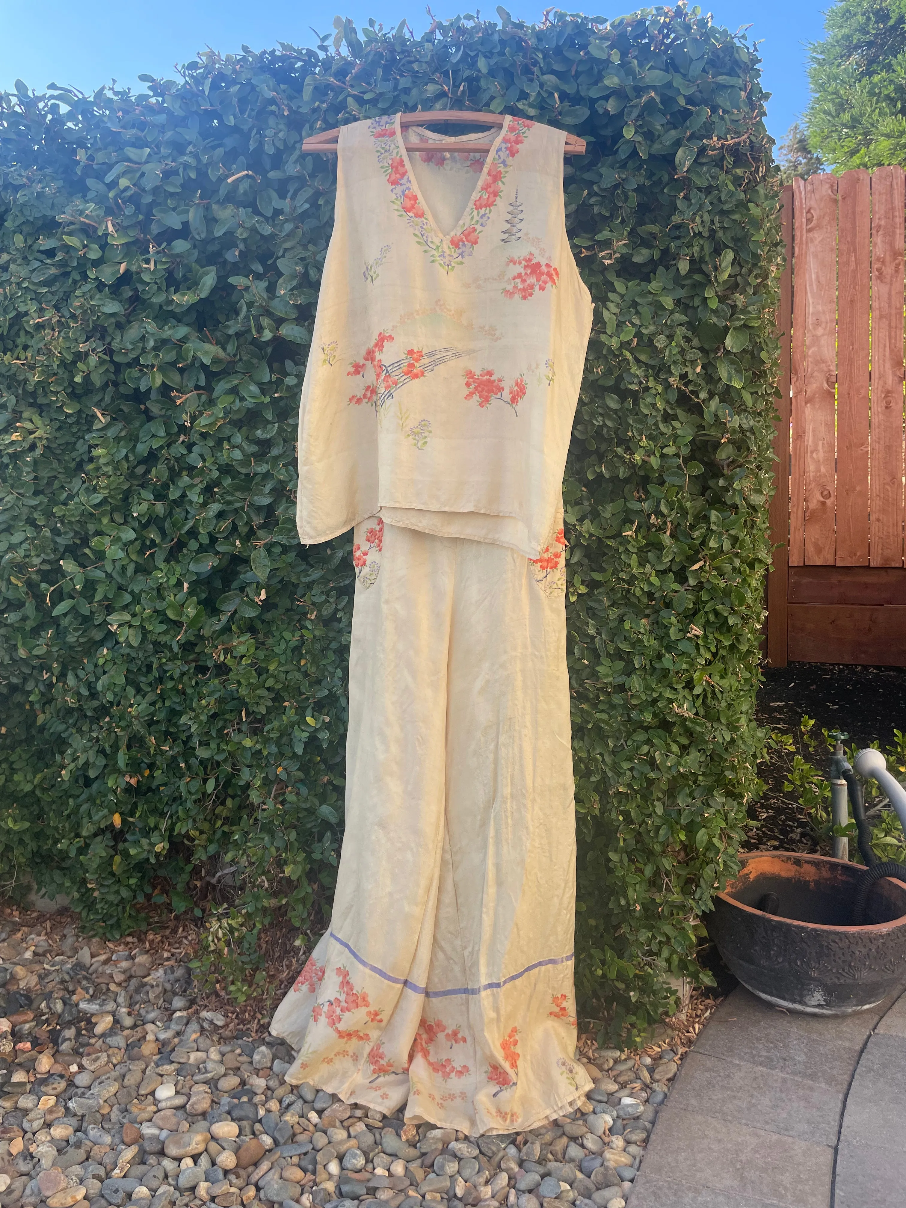 1920s Japanese Pongee Silk Two Beach Palazzo Pants Beach Pajama Set