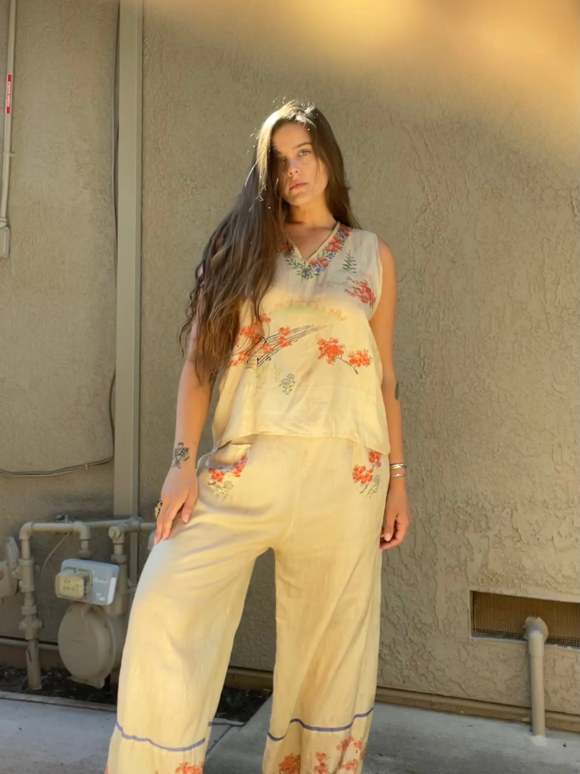1920s Japanese Pongee Silk Two Beach Palazzo Pants Beach Pajama Set
