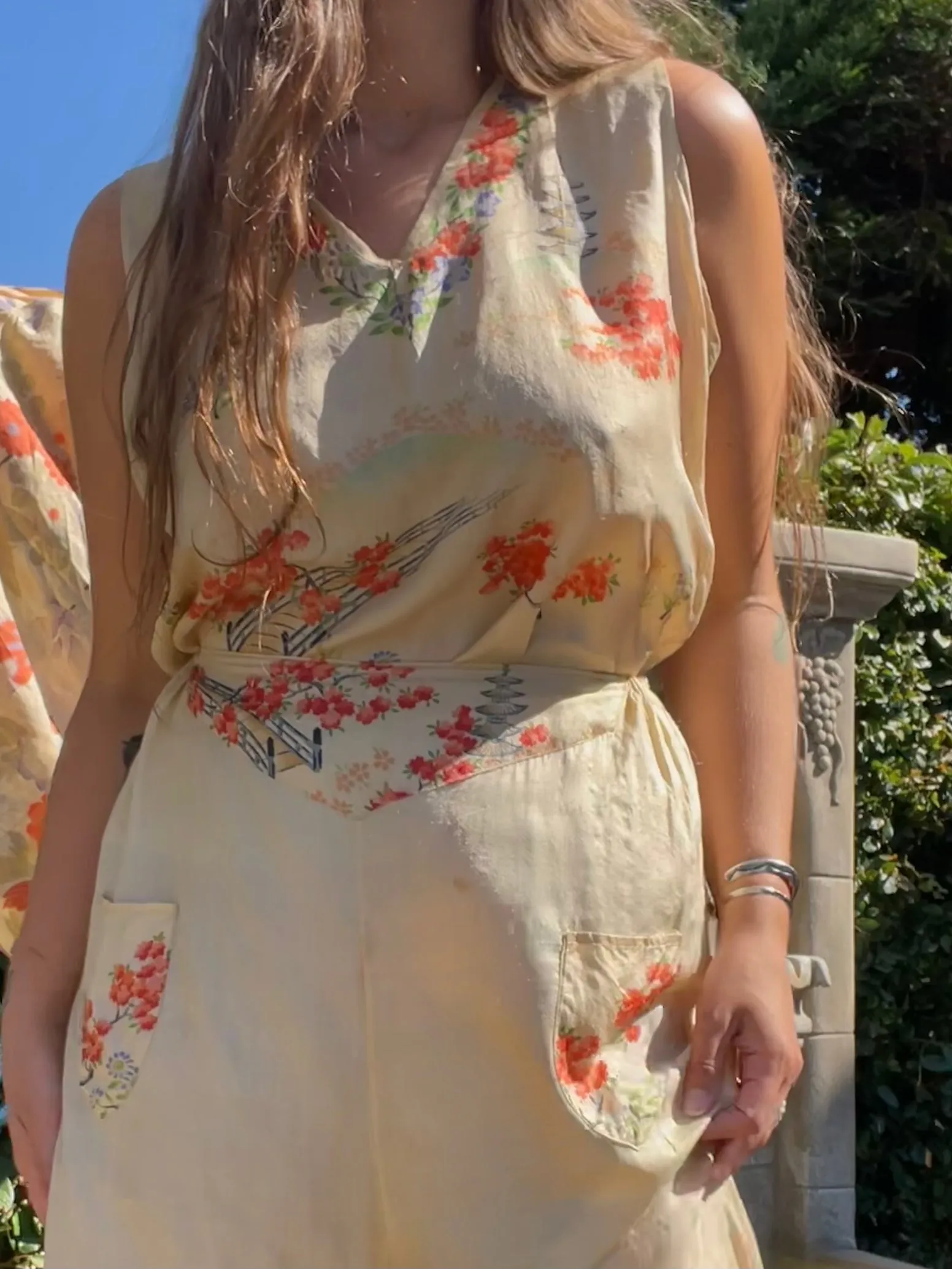 1920s Japanese Pongee Silk Two Beach Palazzo Pants Beach Pajama Set