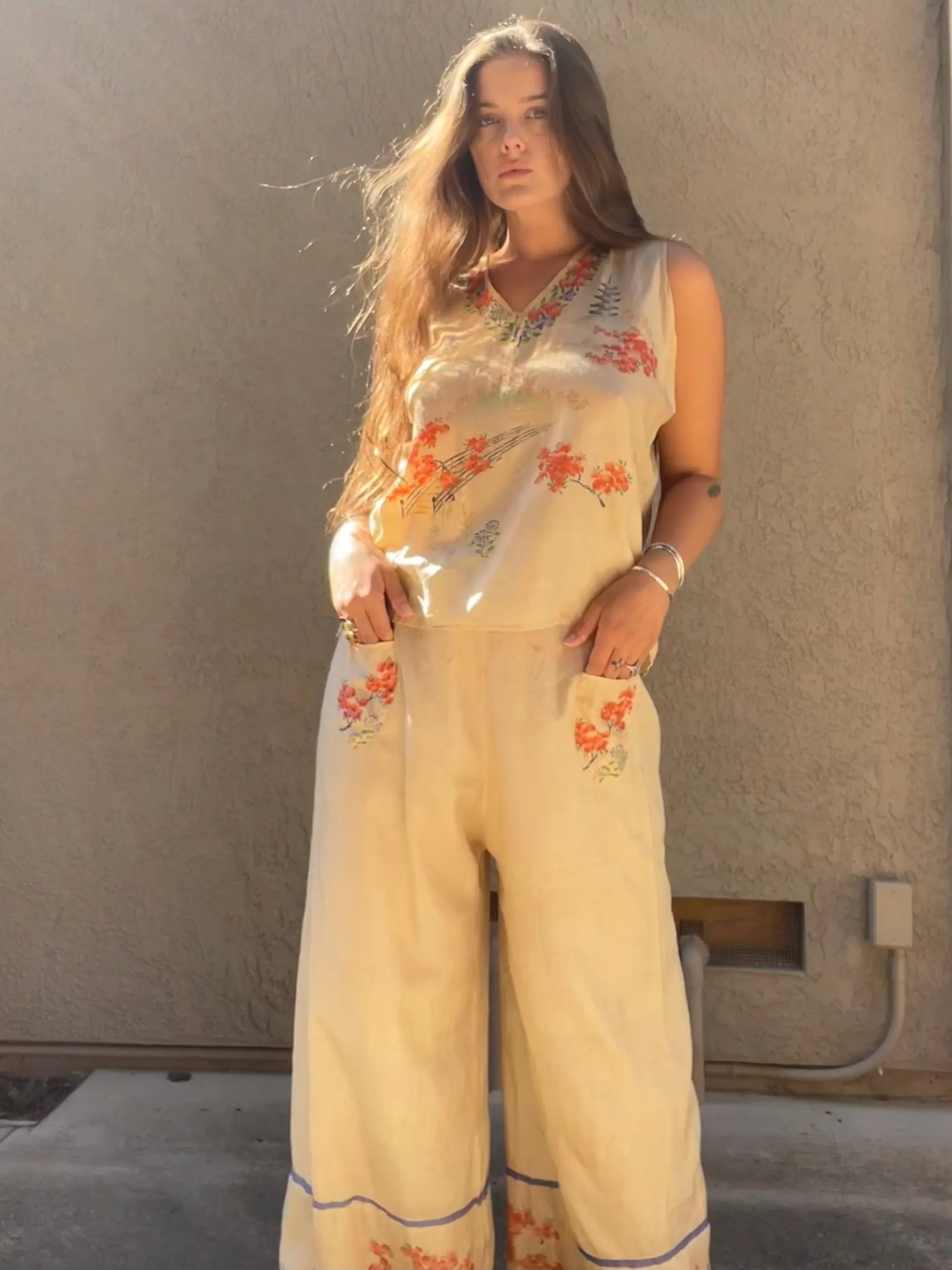 1920s Japanese Pongee Silk Two Beach Palazzo Pants Beach Pajama Set