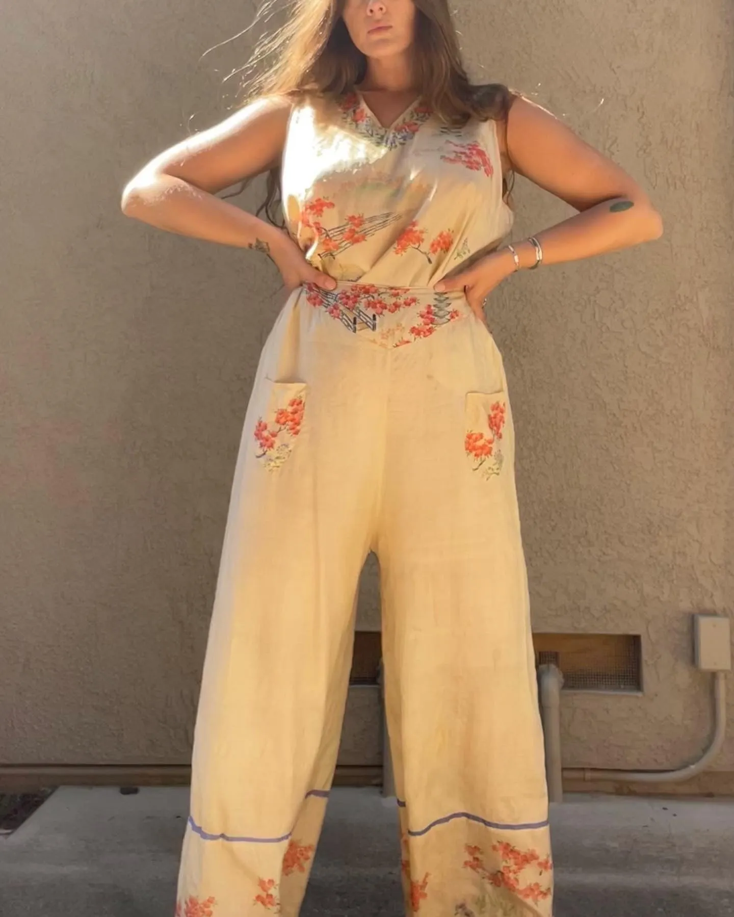 1920s Japanese Pongee Silk Two Beach Palazzo Pants Beach Pajama Set