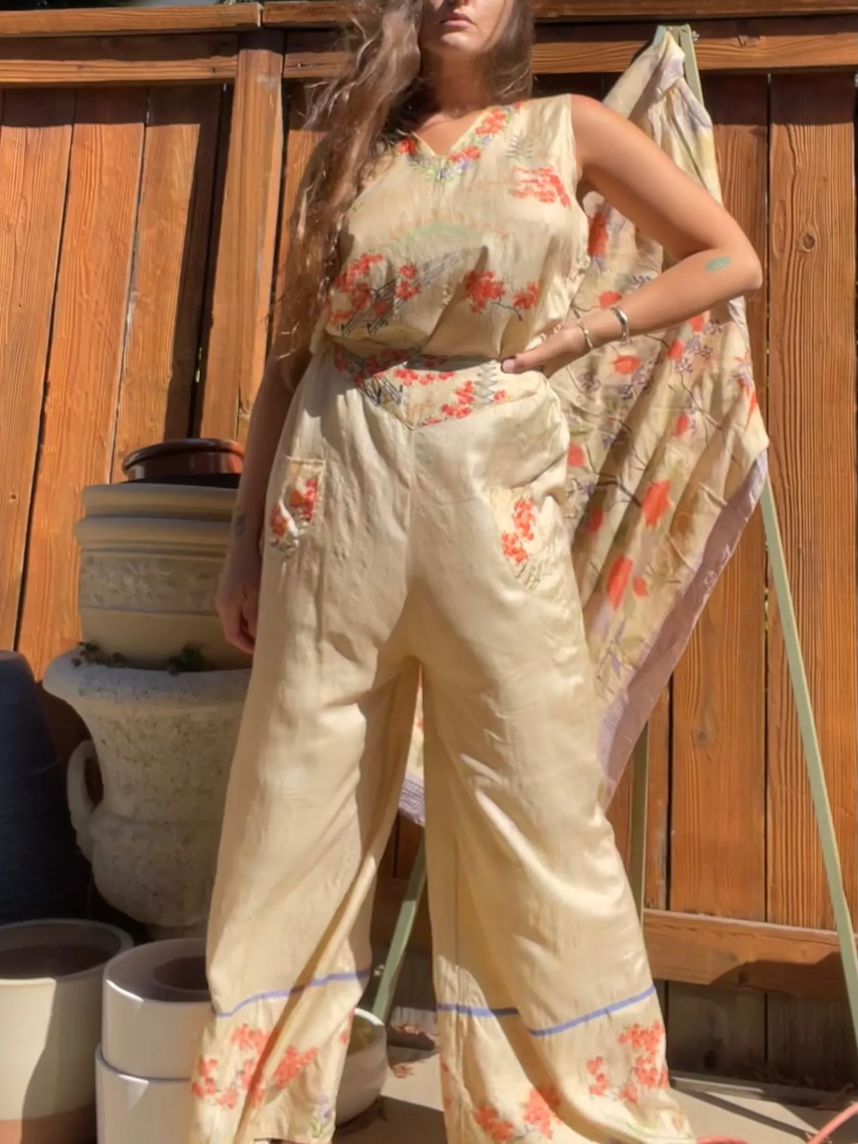 1920s Japanese Pongee Silk Two Beach Palazzo Pants Beach Pajama Set