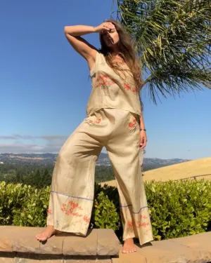 1920s Japanese Pongee Silk Two Beach Palazzo Pants Beach Pajama Set