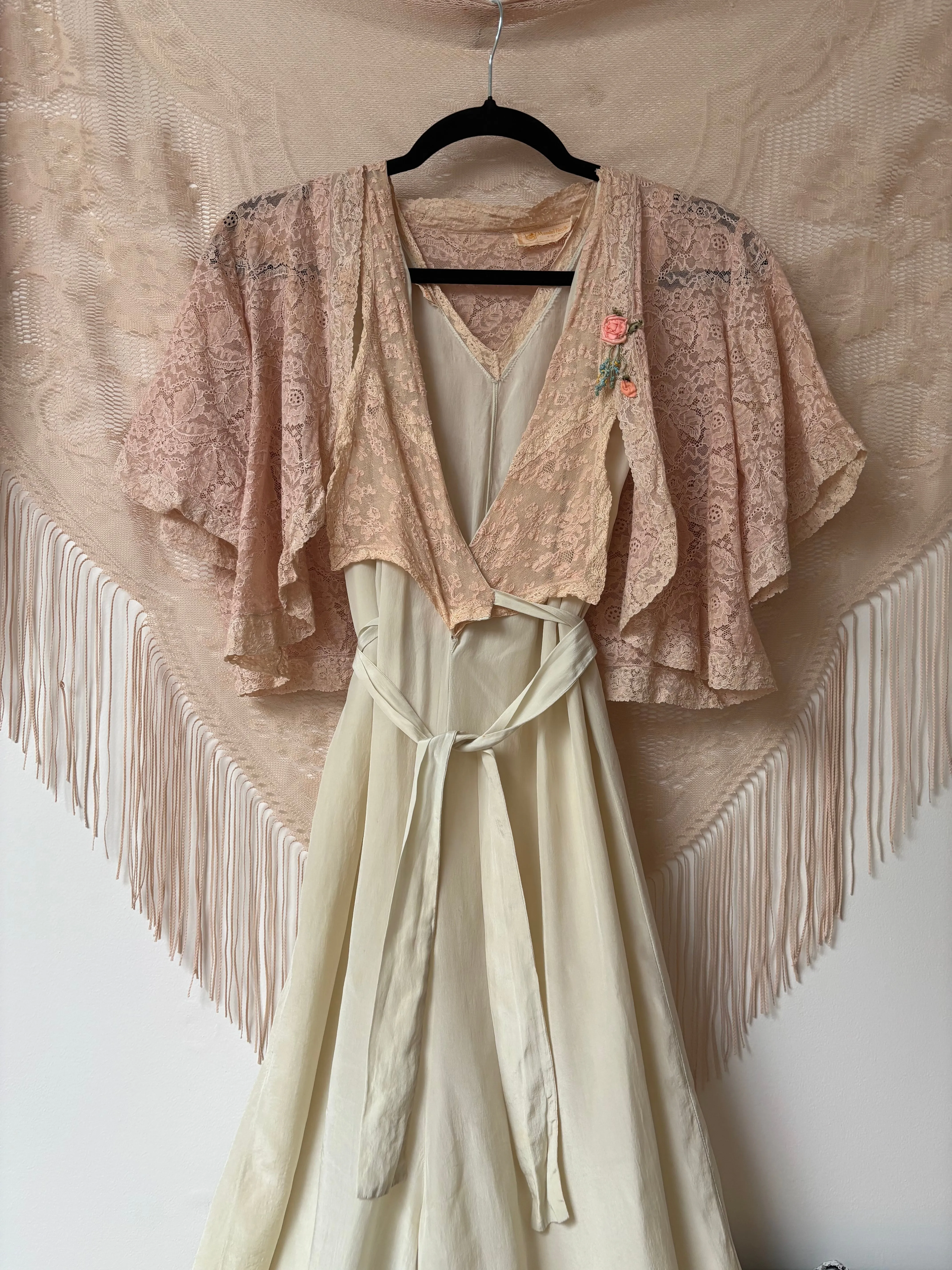 1920s/1930s 2 Piece Pale Sage Silk Palazzo Pant & Lace Ribbonwork Bolero Lounge/Beach Pajamas Set