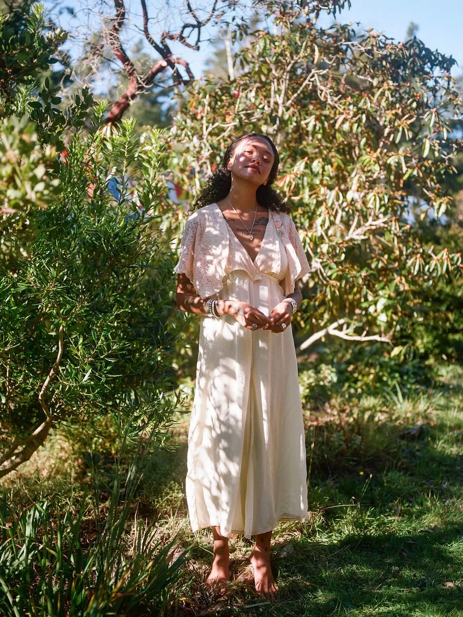 1920s/1930s 2 Piece Pale Sage Silk Palazzo Pant & Lace Ribbonwork Bolero Lounge/Beach Pajamas Set