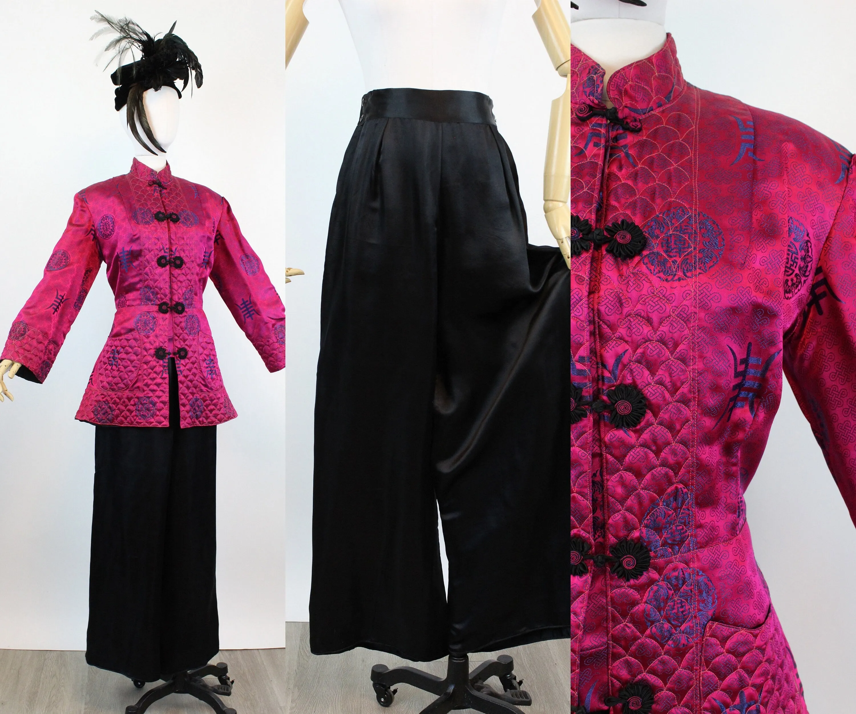 1940s ASIAN silk QUILTED jacket and pants set medium large | new fall