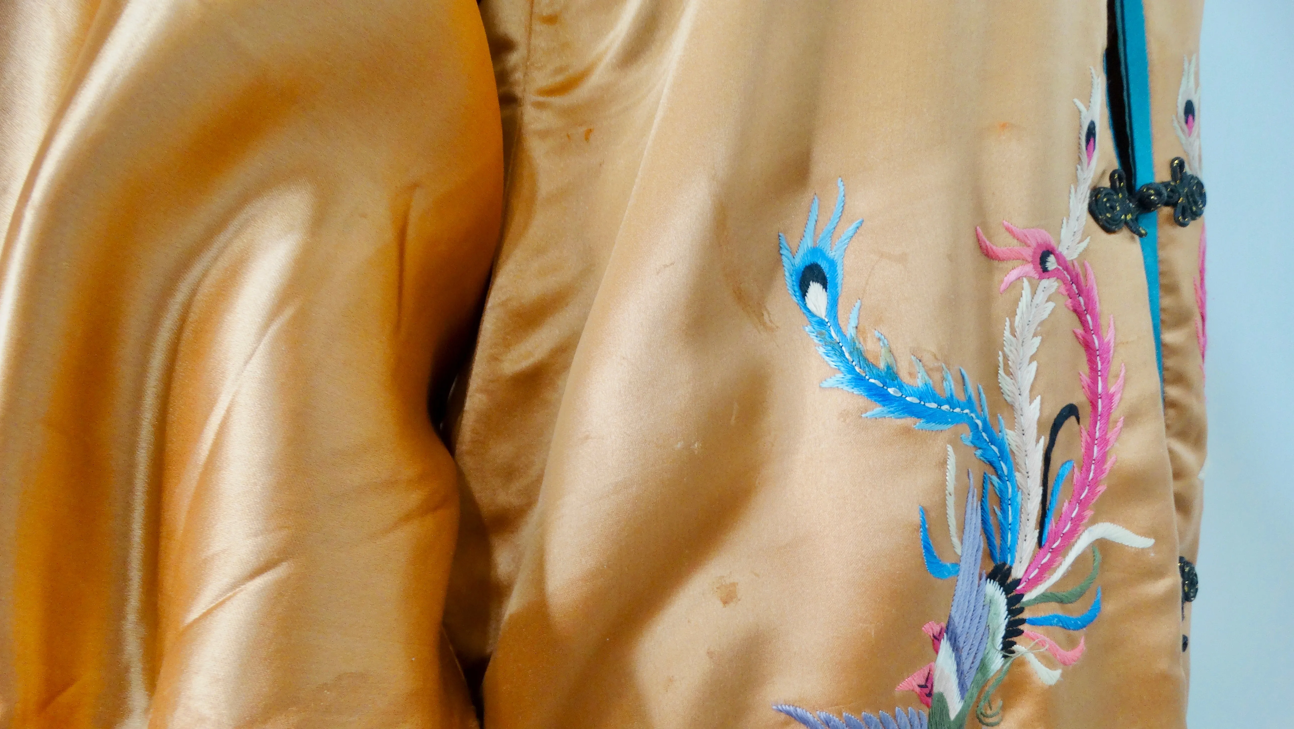 1950s Vintage Orange Chinese Silk Floral Embroidered Print Jacket