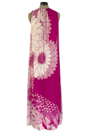 1969 Hanae Mori Chrysanthemum Print Pink Silk Twill & Silk Chiffon Dress