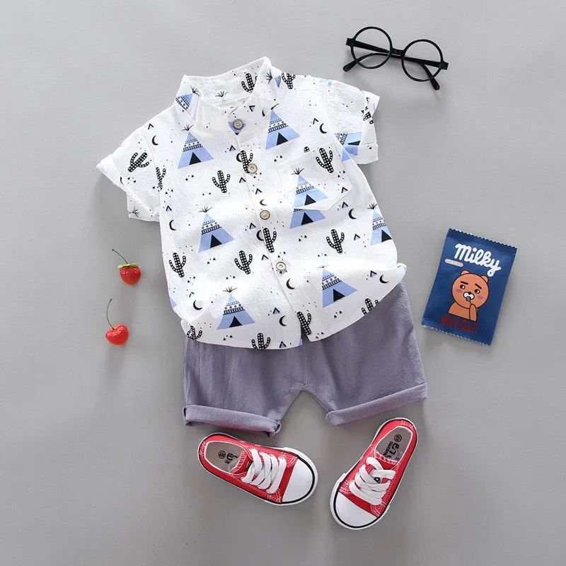 2pcs Baby Boys Cotton Clothing Set of Shirt & Shorts - Blue, White, Green