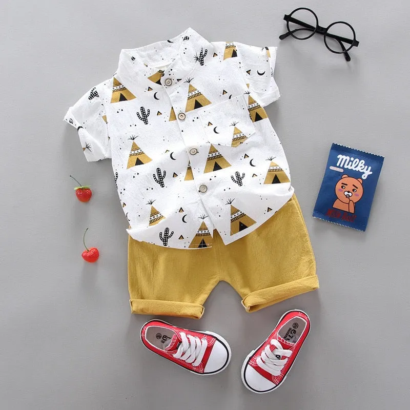 2pcs Baby Boys Cotton Clothing Set of Shirt & Shorts - Blue, Yellow, Navy