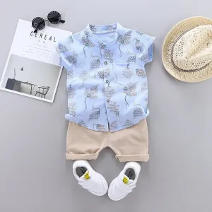 2pcs Baby Boys Cotton Summer Clothing Set of Shirt & Shorts - Grey, Blue