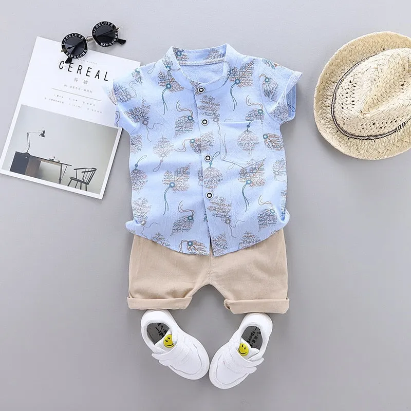 2pcs Baby Boys Cotton Summer Clothing Set of Shirt & Shorts - Grey, Blue