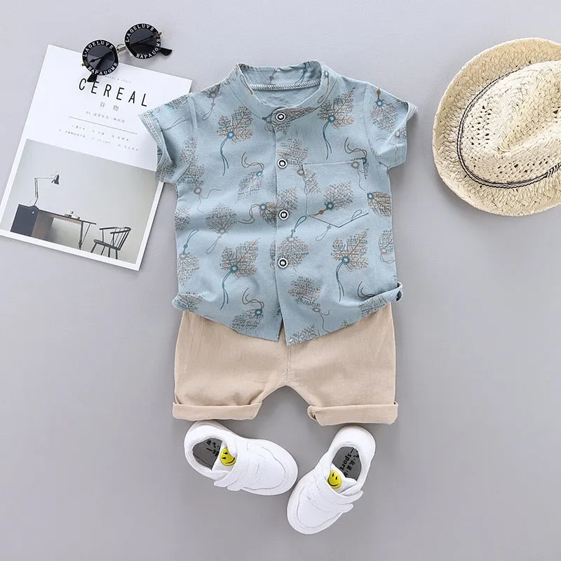2pcs Baby Boys Cotton Summer Clothing Set of Shirt & Shorts - Grey, Blue