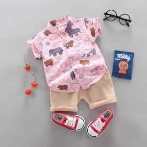 2pcs Baby Boys Cotton Summer Clothing Set of Shirt & Shorts - Pink, Grey, Yellow