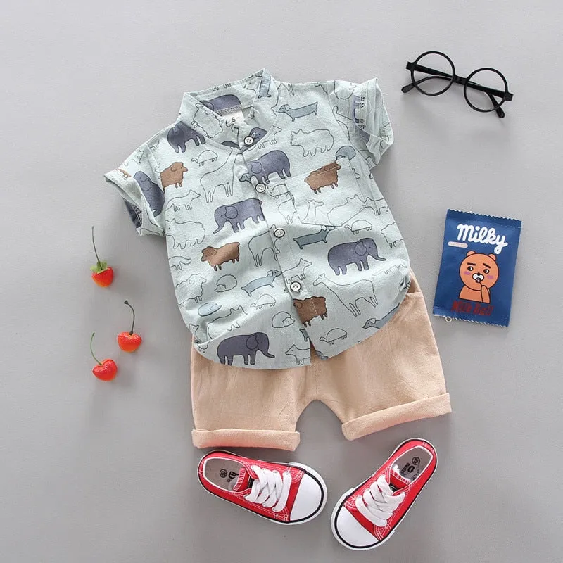 2pcs Baby Boys Cotton Summer Clothing Set of Shirt & Shorts - Pink, Grey, Yellow
