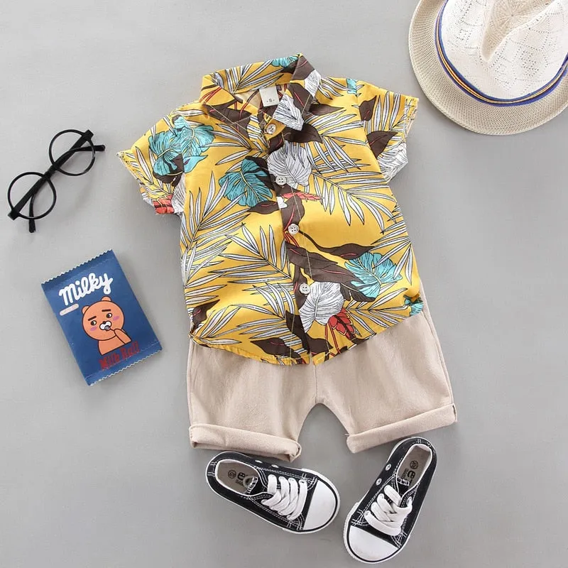 2pcs Baby Boys Cotton Summer Clothing Set of Shirt & Shorts - Pink, Grey, Yellow
