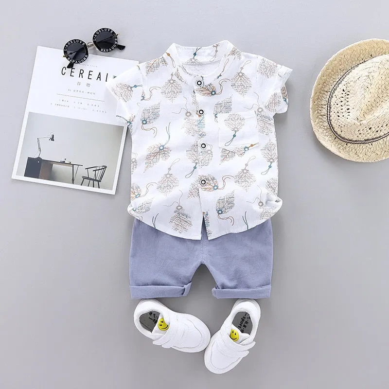 2pcs Baby Boys Cotton Summer Clothing Set of Shirt & Shorts - White, Grey, Pink