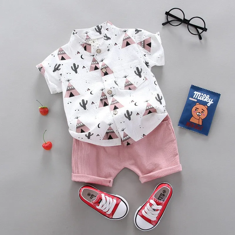 2pcs Baby Boys Cotton Summer Clothing Set of Shirt & Shorts - White, Grey, Pink