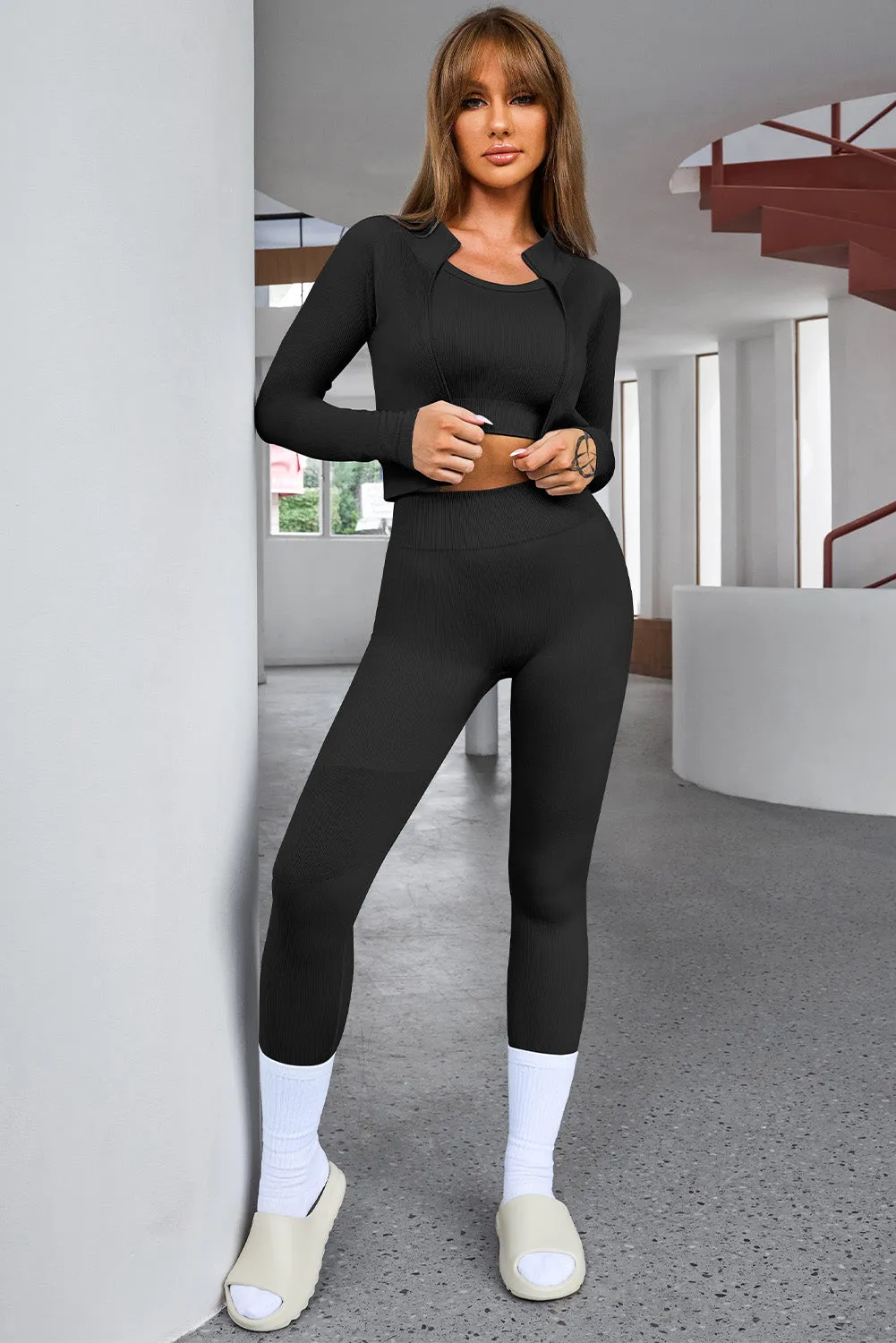 3 PC Cropped Active Top and Leggings Set