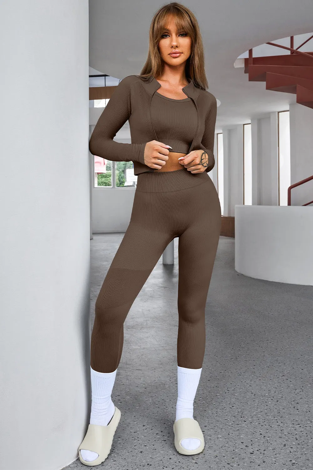 3 PC Cropped Active Top and Leggings Set