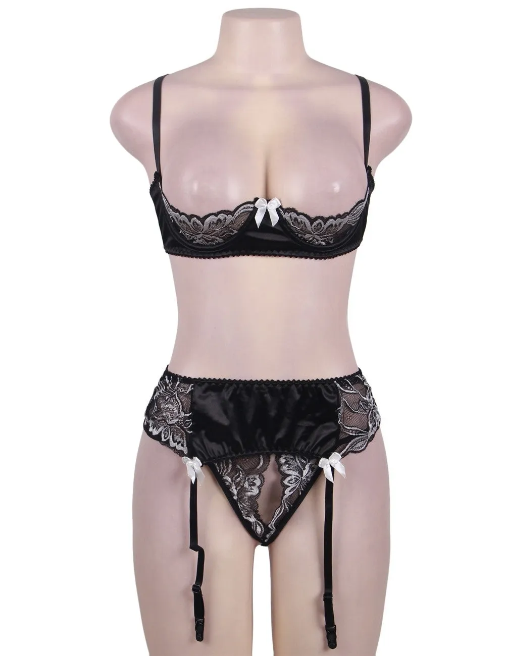 3 Piece Open Bust Bra And Garter Panty Set