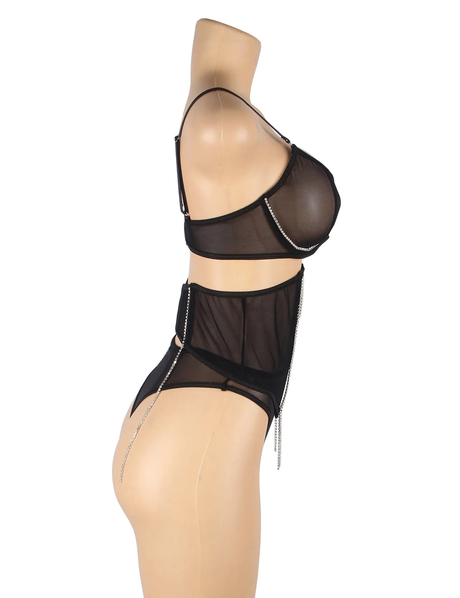 5 Bones Pink & Black Mesh Sexy Bra Set Stitching Diamond Chain