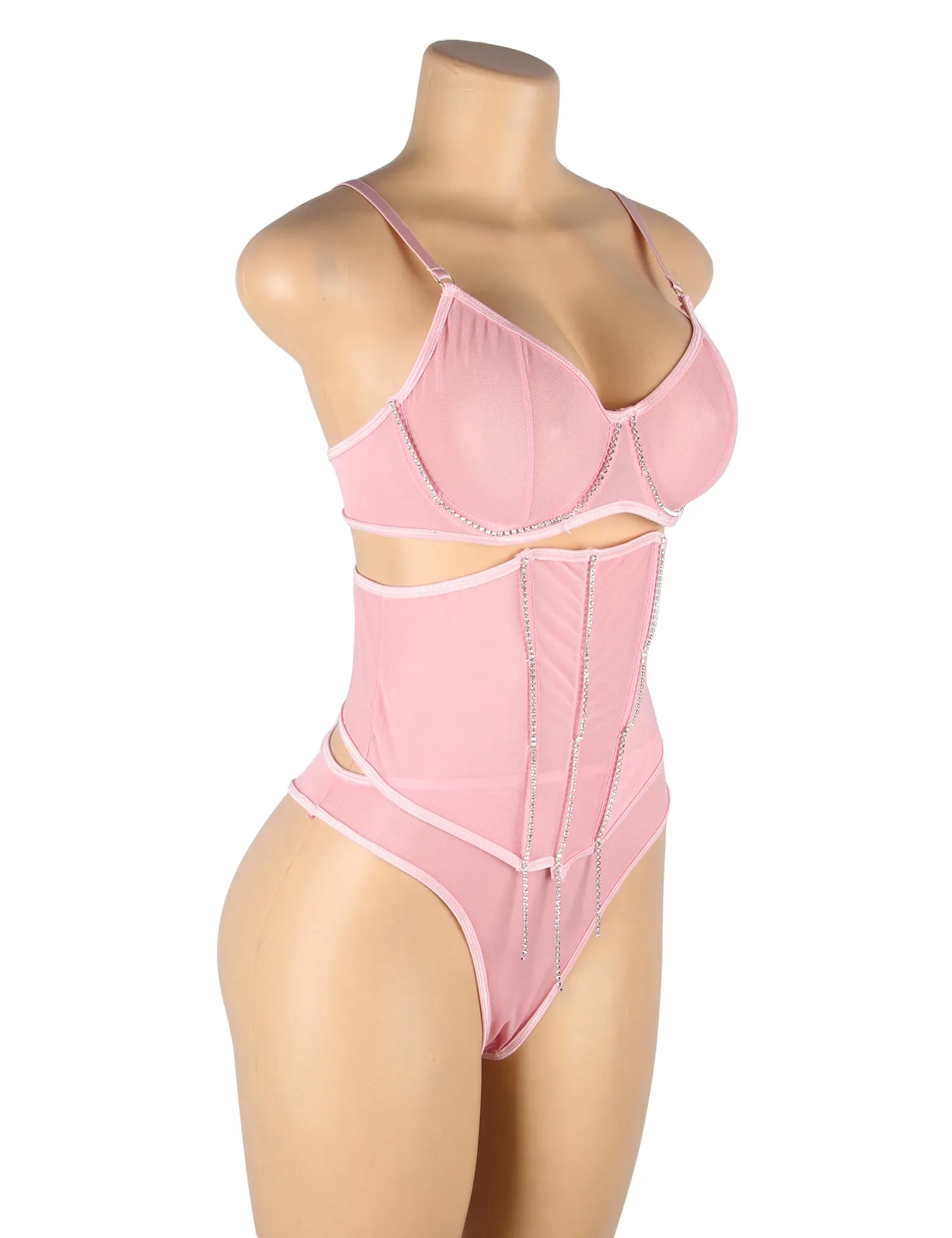 5 Bones Pink & Black Mesh Sexy Bra Set Stitching Diamond Chain