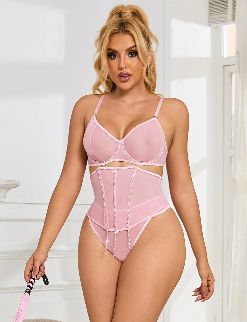 5 Bones Pink & Black Mesh Sexy Bra Set Stitching Diamond Chain