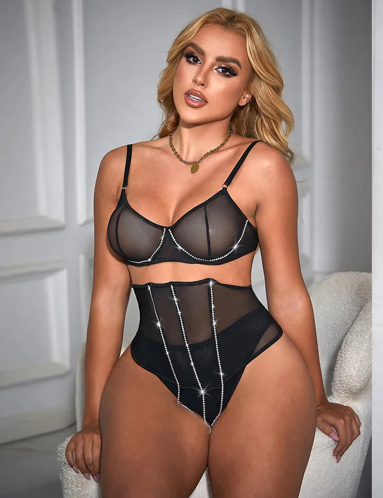 5 Bones Pink & Black Mesh Sexy Bra Set Stitching Diamond Chain