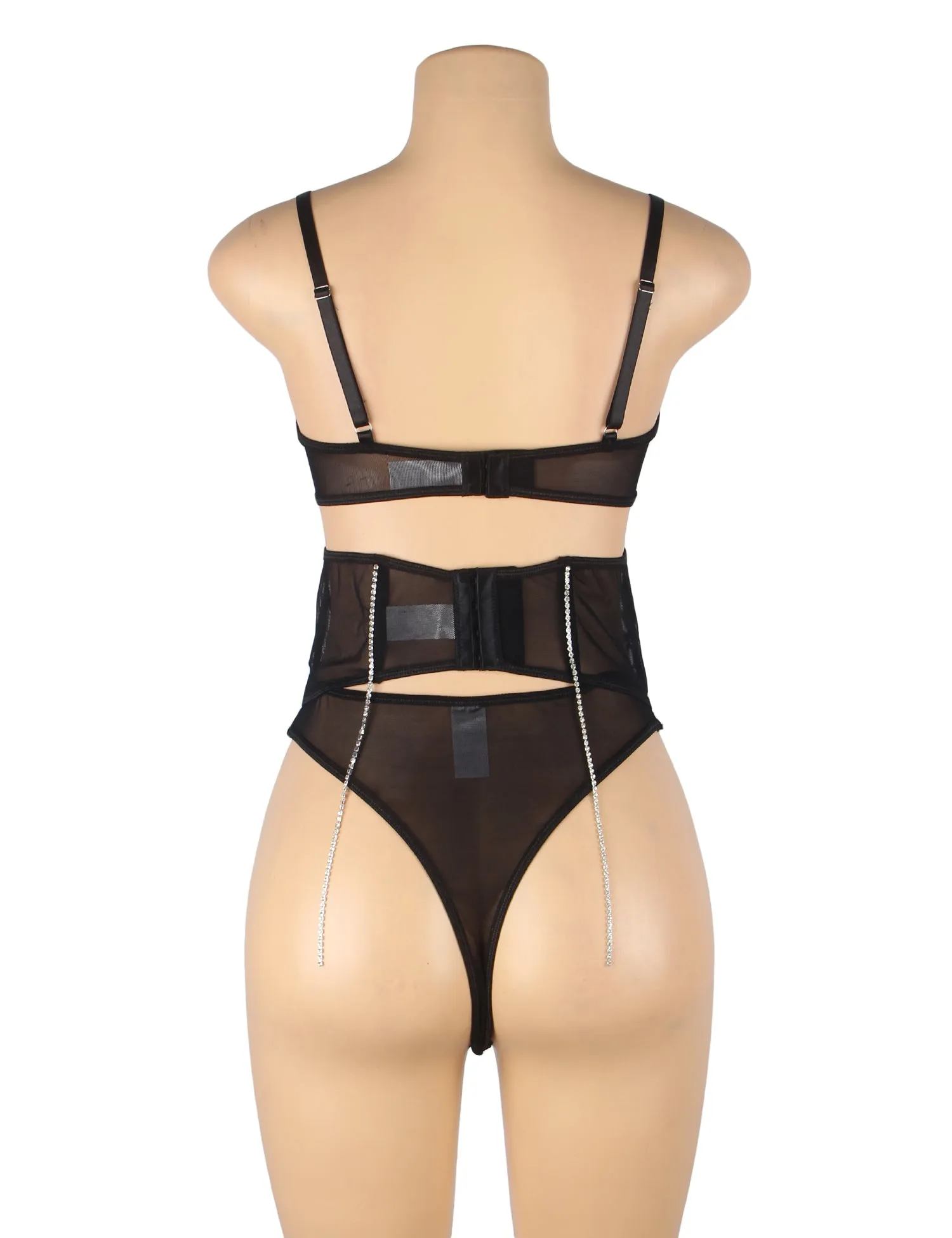 5 Bones Pink & Black Mesh Sexy Bra Set Stitching Diamond Chain