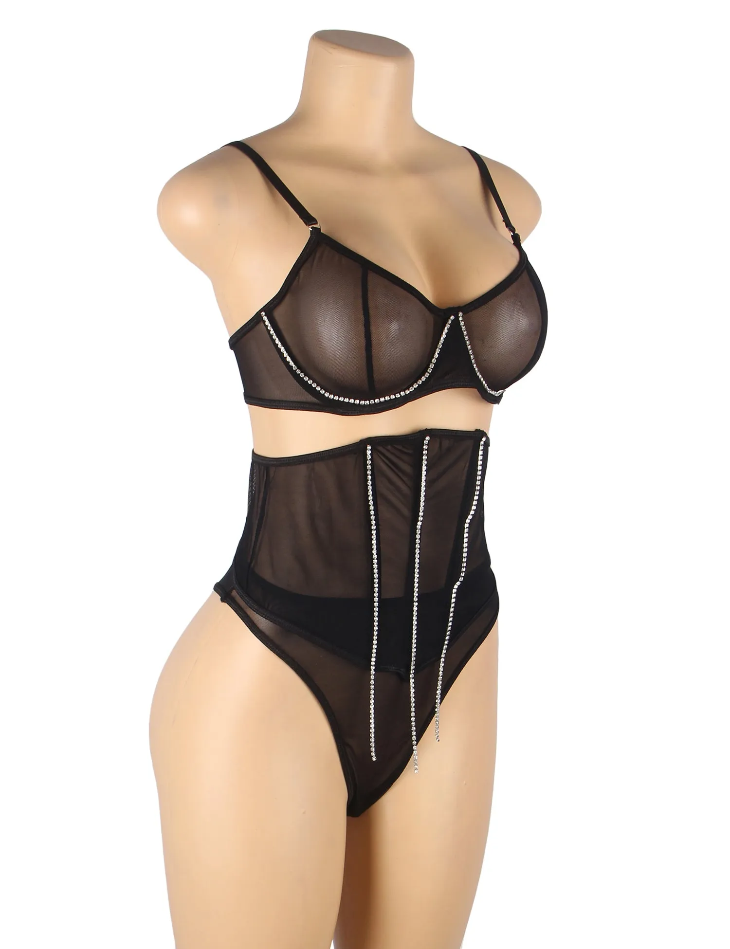 5 Bones Pink & Black Mesh Sexy Bra Set Stitching Diamond Chain