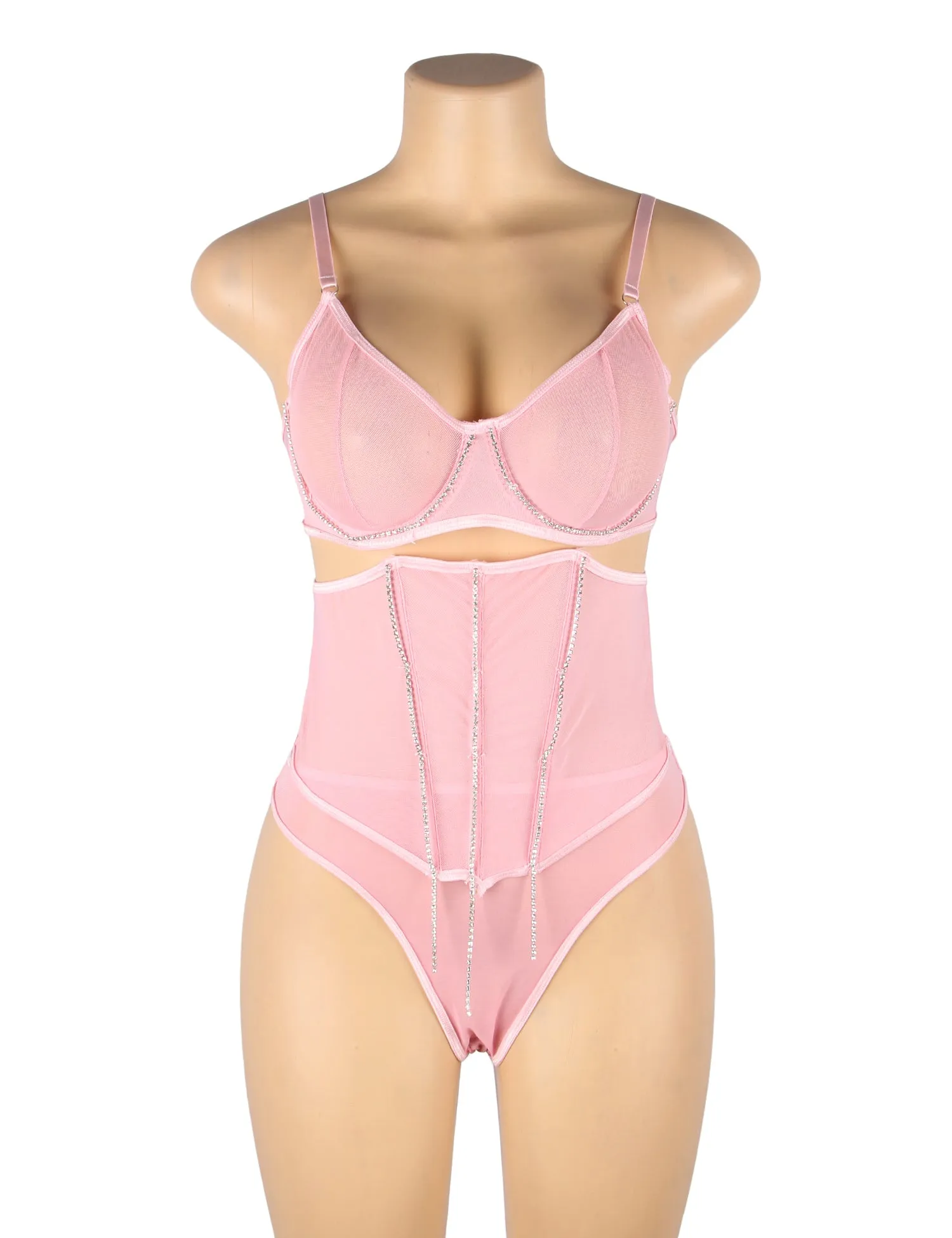 5 Bones Pink & Black Mesh Sexy Bra Set Stitching Diamond Chain
