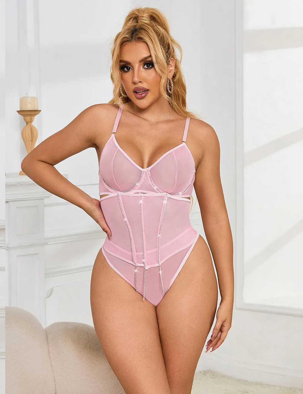5 Bones Pink & Black Mesh Sexy Bra Set Stitching Diamond Chain