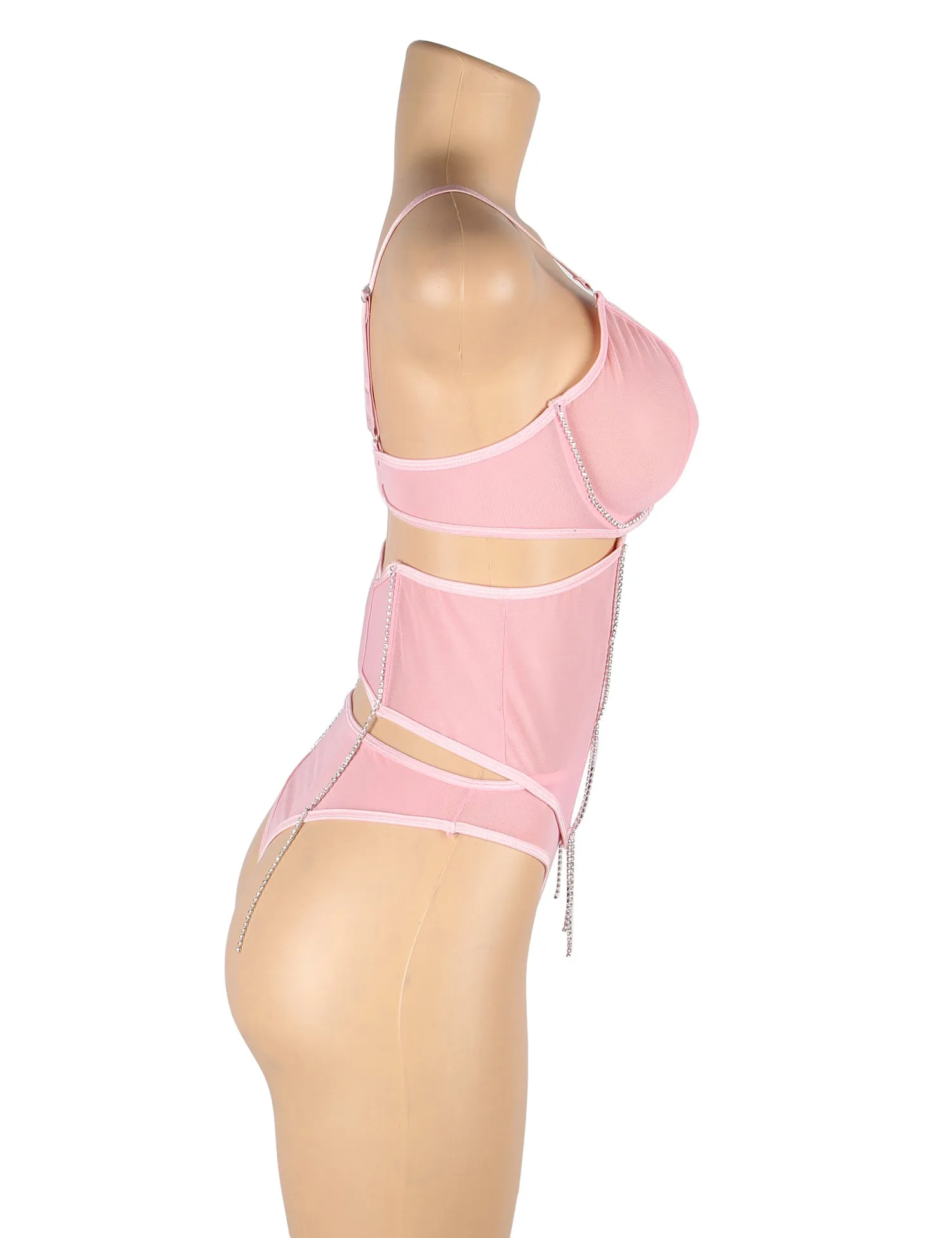 5 Bones Pink & Black Mesh Sexy Bra Set Stitching Diamond Chain