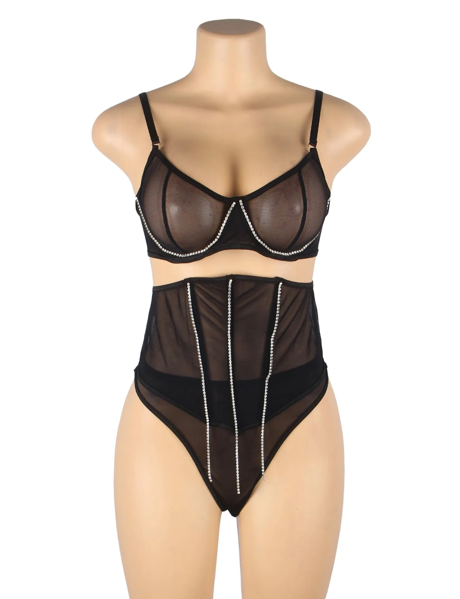 5 Bones Pink & Black Mesh Sexy Bra Set Stitching Diamond Chain