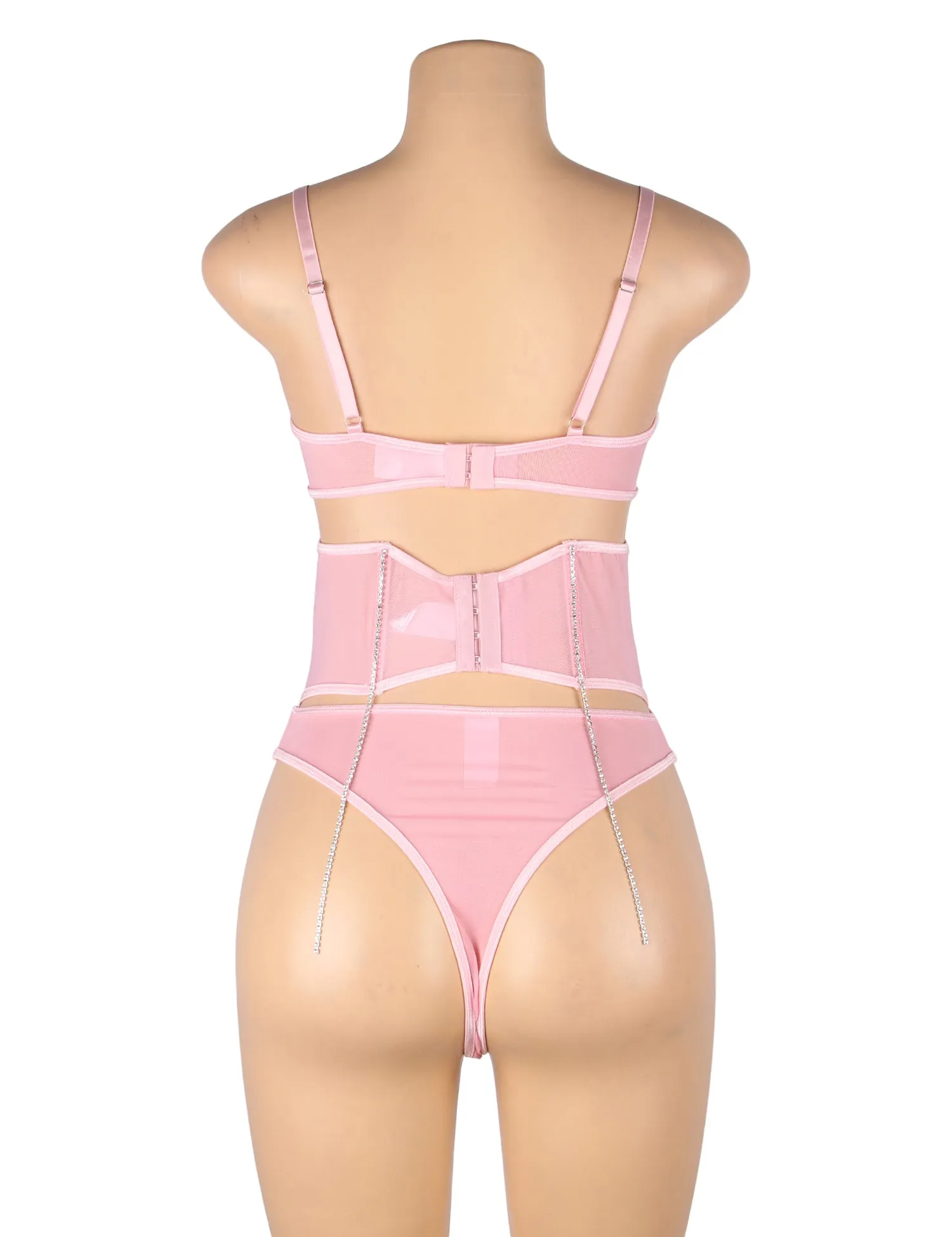 5 Bones Pink & Black Mesh Sexy Bra Set Stitching Diamond Chain