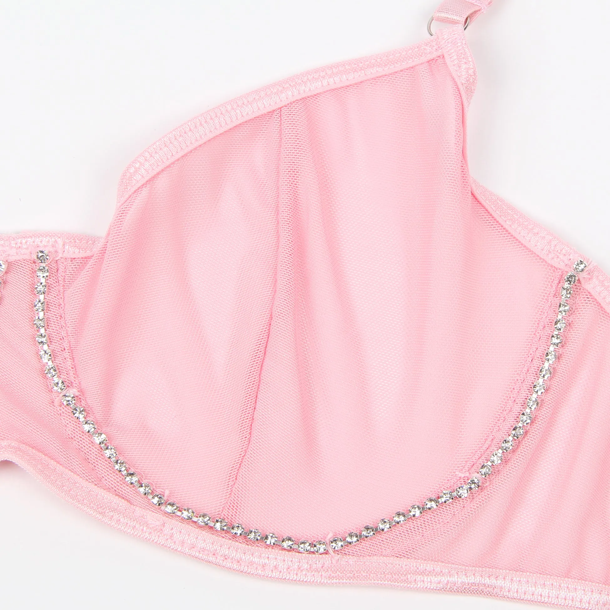 5 Bones Pink & Black Mesh Sexy Bra Set Stitching Diamond Chain