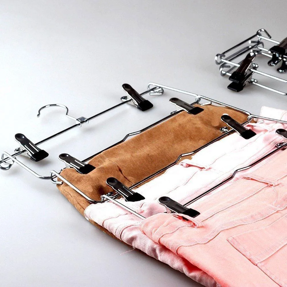 6-Tier Skirt Hangers,STAR-FLY Space Saving Pants Hangers Sturdy Multi-Purpose Stainless Steel Pants Jeans Slack Skirt Hangers with Clips Non-Slip Closet Storage Organizer（3pcs）