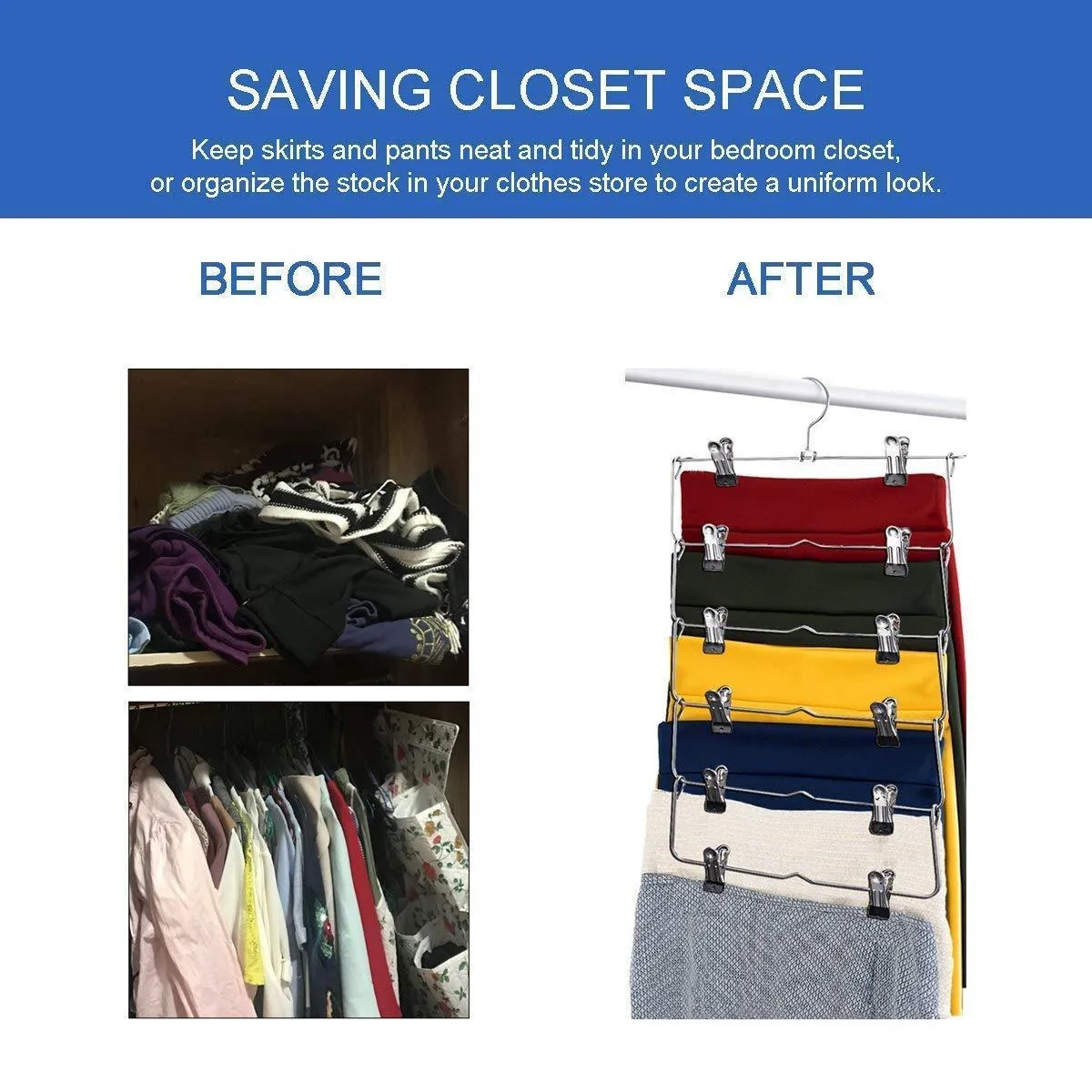 6-Tier Skirt Hangers,STAR-FLY Space Saving Pants Hangers Sturdy Multi-Purpose Stainless Steel Pants Jeans Slack Skirt Hangers with Clips Non-Slip Closet Storage Organizer（3pcs）