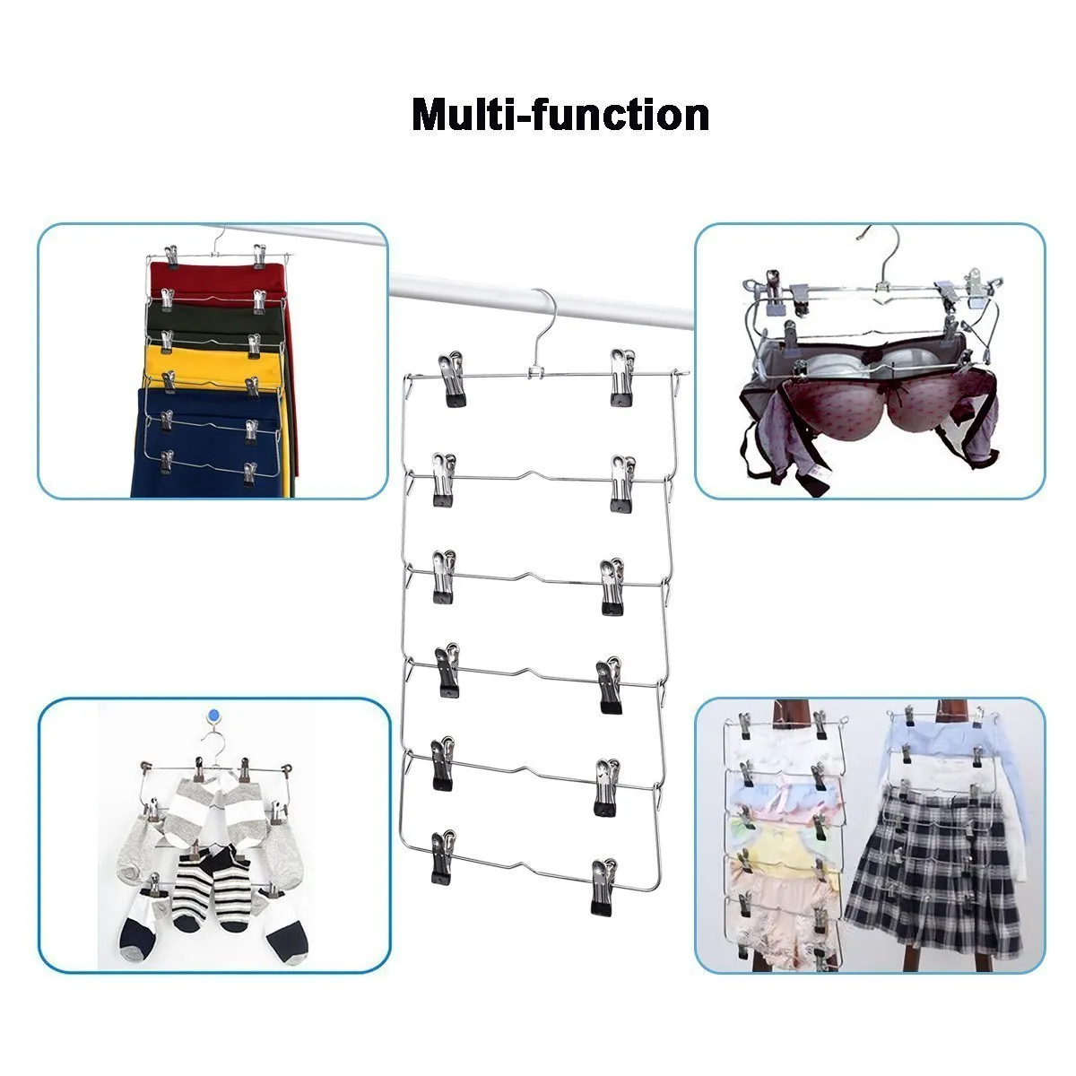 6-Tier Skirt Hangers,STAR-FLY Space Saving Pants Hangers Sturdy Multi-Purpose Stainless Steel Pants Jeans Slack Skirt Hangers with Clips Non-Slip Closet Storage Organizer（3pcs）