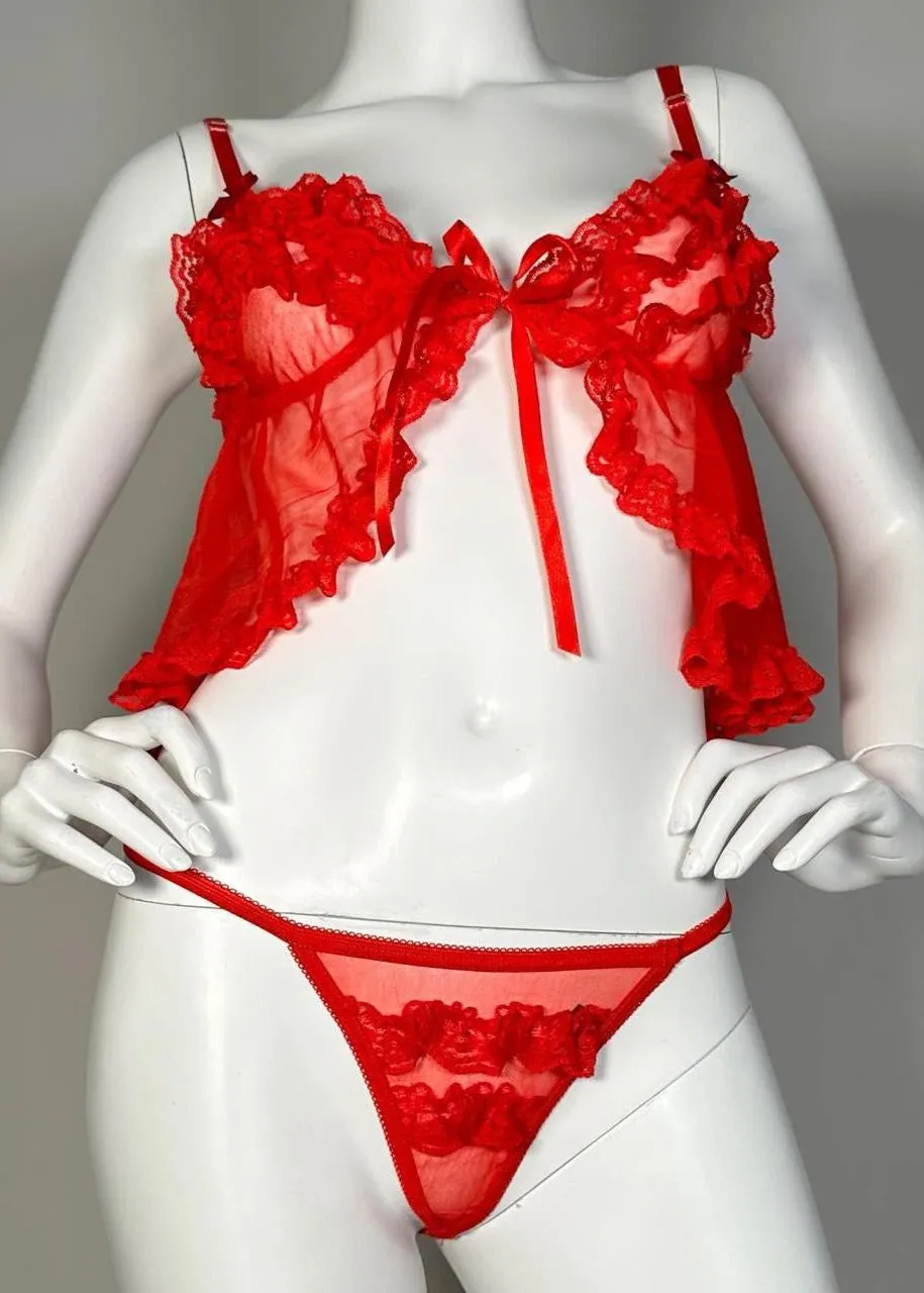 90s Red Babydoll Tie-Front Cami Top, Matching Ruffle-Lace Sheer Panty | Valentines Lingerie Set