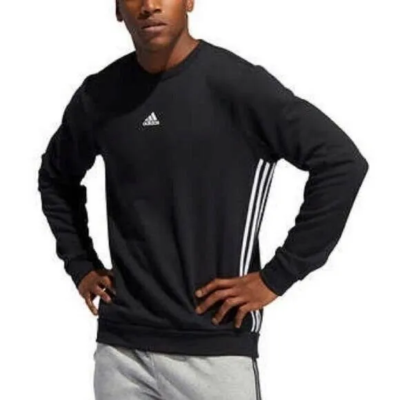 Adidas Men Sweatshirt Lightweight Fleece Crew Neck Logo Stripes-Black