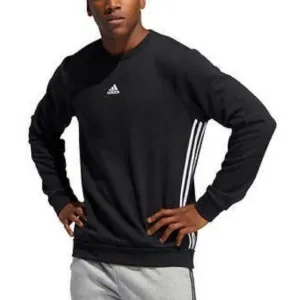 Adidas Men Sweatshirt Lightweight Fleece Crew Neck Logo Stripes-Black