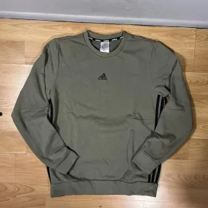 Adidas Men Sweatshirt Lightweight Fleece Crew Neck Logo Stripes-Olive