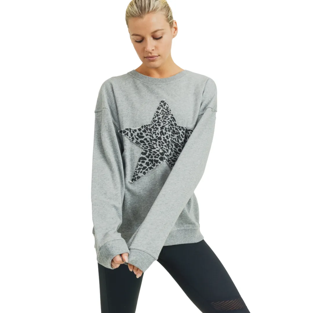 Antiqued Star Cheetah Print Sweatshirt- Grey