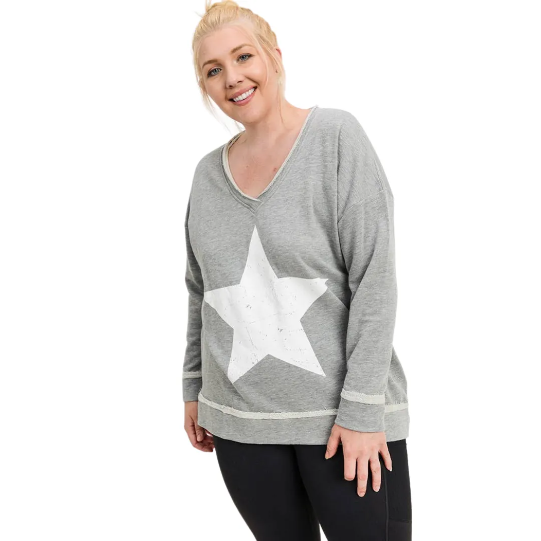Antiqued Star Longline V-Neck Sweatshirt - CRVY