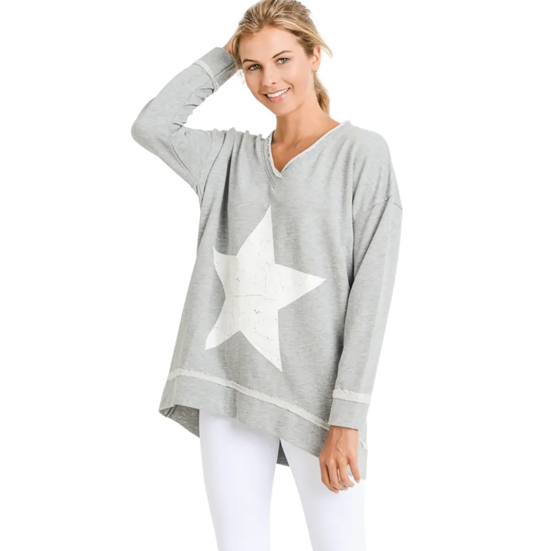 Antiqued Star Longline V-Neck Sweatshirt - Grey