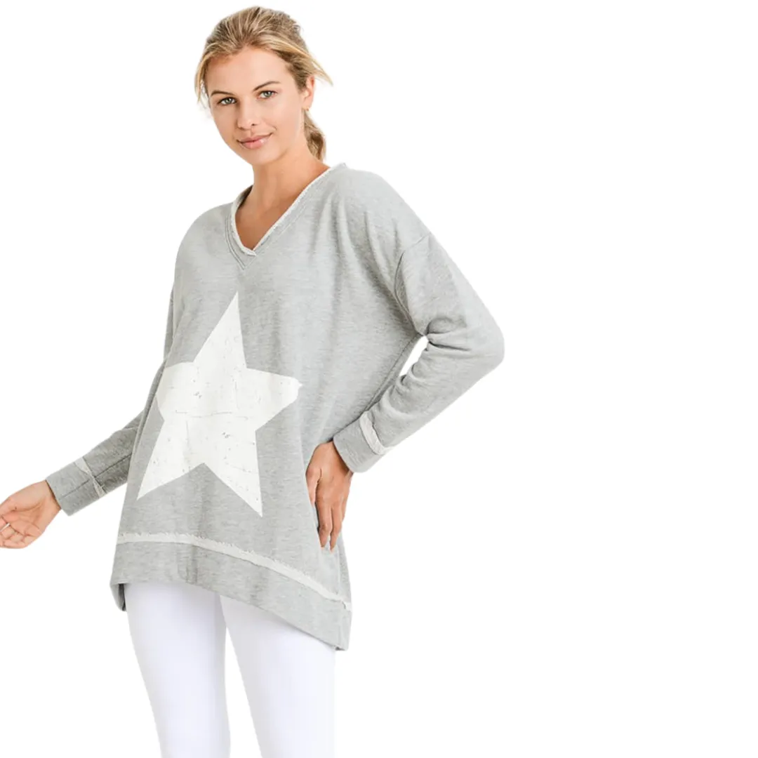 Antiqued Star Longline V-Neck Sweatshirt - Grey