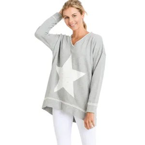 Antiqued Star Longline V-Neck Sweatshirt - Grey