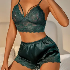 Aria Lace Silk Pajamas Set - Deep Teal